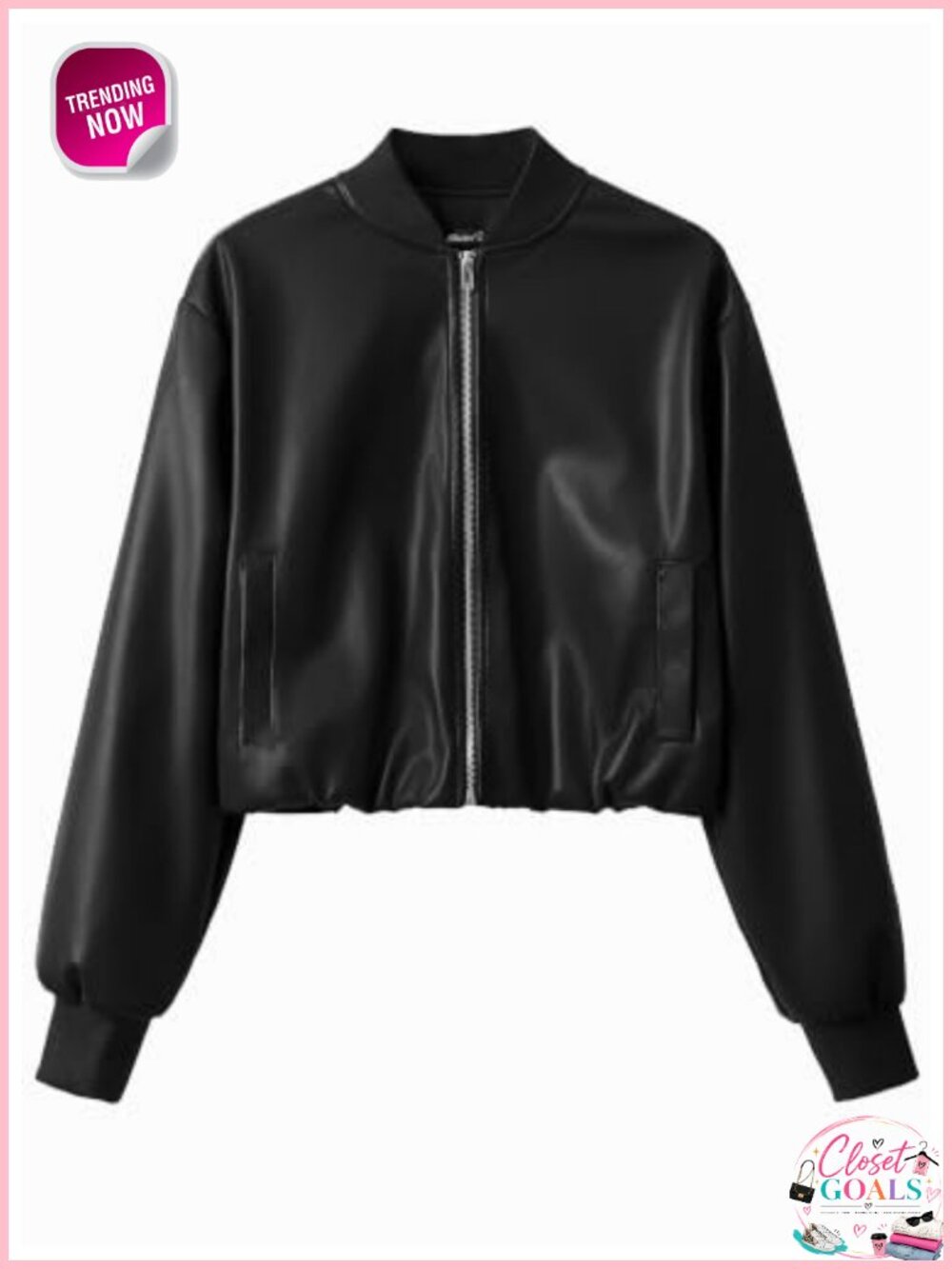 Cropped Faux Leather Zip Up Baseball Jacket with Ribbed Trim